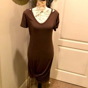 Cocoa brown jersey dress with shoulder cut outs. Midi length